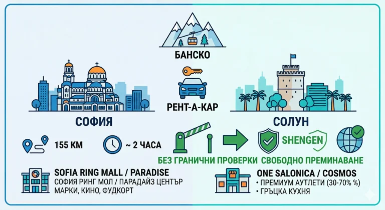 Детайлна инфографика в плосък векторен стил, сравняваща шопинг пътуванията от Банско до София и Солун. Изображението включва икони на забележителности (Александър Невски за София и Бялата кула за Солун), разстояния (155км срещу 220км), време за път (~2 часа срещу ~2.5-3 часа), опции за рент-а-кар и списъци с молове (Sofia Ring Mall/Paradise и One Salonica/Cosmos) с техните характеристики. В долната част има подчертано зелено поле с отворена бариера, щит Шенген, глобус и текст „БЕЗ ГРАНИЧНИ ПРОВЕРКИ СВОБОДНО ПРЕМИНАВАНЕ“, указващ отворената граница с Гърция.