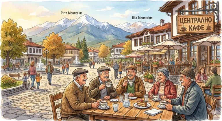 A detailed illustration of elderly people sitting for coffee in front of a traditional Bulgarian cafe with a sign reading "CENTRAL COFFEE" on the cobblestone square in Razlog. They are drinking from cups marked "RAZLOG". In the background, a fountain and the majestic snow-capped Pirin and Rila mountains are visible.