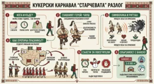 Детайлна илюстративна инфографика за кукерски карнавал „Старчевата“ в град Разлог, описваща празника на 1 януари, специфичните костюми на чаушите, прогонването на злото, ритуалното шествие по махали, съвети за туристи и близостта до Банско (5-6 км).