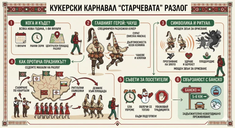 Детайлна илюстративна инфографика за кукерски карнавал „Старчевата“ в град Разлог, описваща празника на 1 януари, специфичните костюми на чаушите, прогонването на злото, ритуалното шествие по махали, съвети за туристи и близостта до Банско (5-6 км).