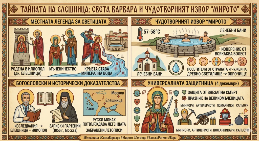 Инфографика в иконографски стил за Света Варвара, местната легенда за нейното мъченичество в Елешница и чудотворния минерален извор "Мирото", лечебните му свойства и ролята ѝ на универсален закрилник.