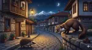 Illustration of a nighttime cobblestone street in Bansko with a squirrel and a hedgehog in the foreground. Traditional stone and wooden houses with signs reading "Mehana Bansko" and "ul. Pirin" are illuminated by an old street lamp. In the background are the majestic snow-capped Pirin Mountains under moonlight.