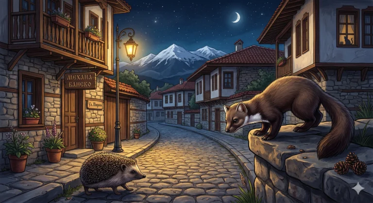Илюстрация на нощна калдъръмена улица в Банско с белка и таралеж на преден план. Традиционни каменни и дървени къщи с табели „Механа Банско“ и „ул. Пирин“ са осветени от старинна улична лампа. На заден план са величествените заснежени Пирин планини под лунна светлина.