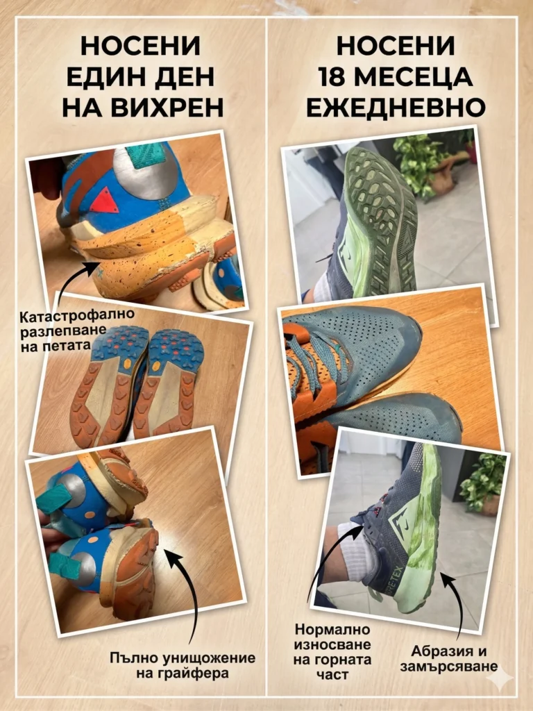 A comparative photo collage of two pairs of Nike sneakers, showing the difference in wear: one worn for one day on Vihren, with a catastrophic peeling and destroyed grip; and another worn for 18 months daily, with normal wear and tear and dirt.