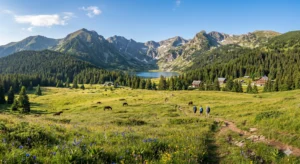 Панорамна снимка на курортен комплекс Семково в Южна Рила през лятото, с изглед към просторни поляни, езера и туристическа пътека с пешеходци