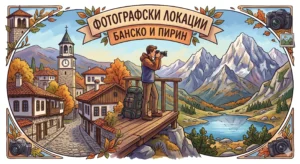Иллюстрация в стиле ретро-туристического плаката, разделённая на две части: часовая башня и дома эпохи Возрождения Банско (слева) и озеро с вершинами горы Пирин (справа). В центре — фотограф с рюкзаком, делающий снимки, а рамка содержит текст на болгарском языке.