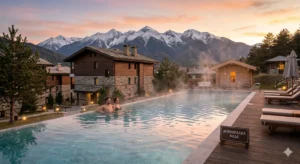 A romantic couple relaxes in a heated outdoor infinity pool with mineral water at a luxury mountain resort in Razlog, Bulgaria, in front of the snow-capped peaks of Pirin at sunset. A sign reading "MINERAL WATER" is visible on the deck.