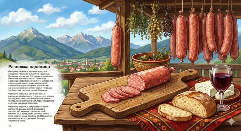An encyclopedic-style illustration showing a traditional table with Razlog sausage sliced on a wooden board, accompanied by bread, cheese and wine, with a view of the Pirin Mountains and the town of Razlog, with sausages hanging to dry.