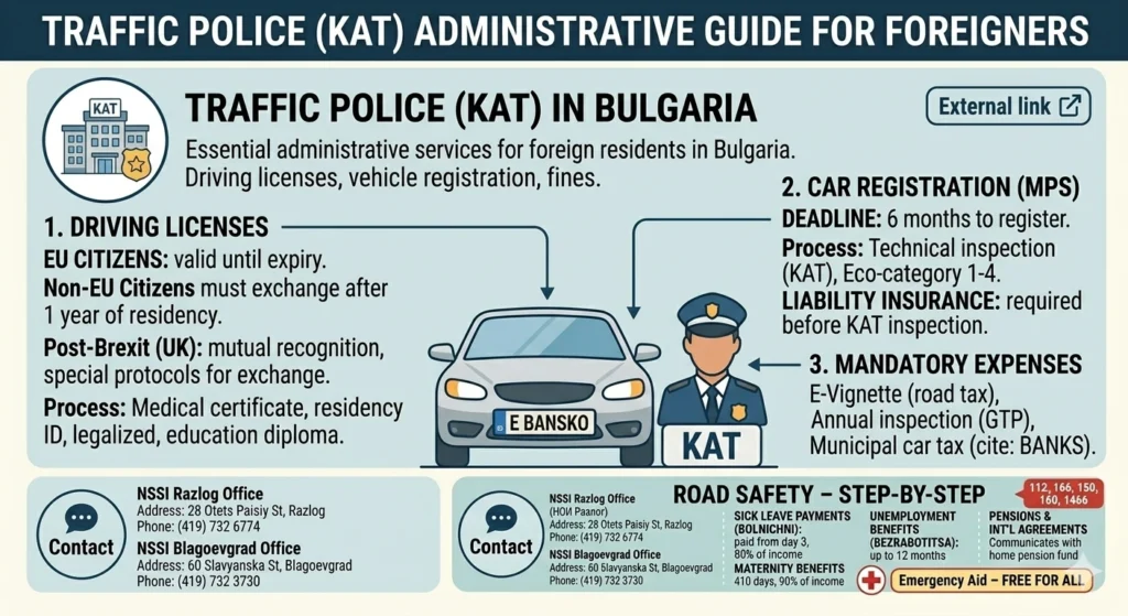 Инфографика за Traffic Police KAT в България с информация за шофьорски книжки, регистрация на автомобили, задължителни разходи и контакти за чужденци.