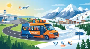 Илюстрация на оранжев бус Bansko Express, превозващ пътници от летище София до заснежените планини Пирин и ски курорта Банско. По пътя има икони за WiFi, безплатен багаж и детски столчета.