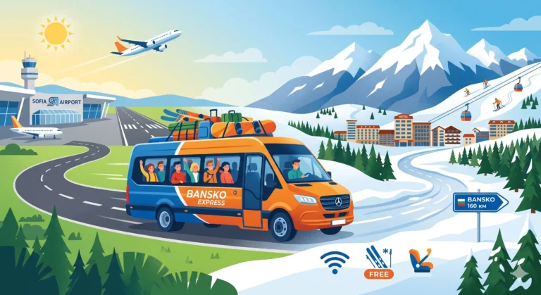 Илюстрация на оранжев бус Bansko Express, превозващ пътници от летище София до заснежените планини Пирин и ски курорта Банско. По пътя има икони за WiFi, безплатен багаж и детски столчета.