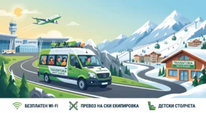 Дигитална илюстрация, показваща зелен микробус на "Traventuria Airport Transfers", пътуващ от летище София (ляво) към заснежен ски курорт в планините (дясно). Бусът е пълен с хора и ски оборудване на покрива. Отдолу има три икони, обозначаващи безплатен Wi-Fi, превоз на ски и детски столчета с текст на български.