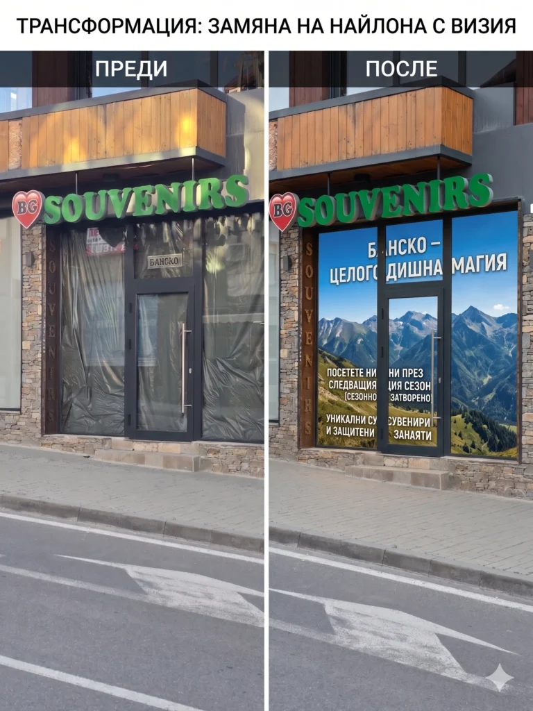 A collage of two photos showing the transformation of an abandoned storefront on Pirin Street in Bansko. The left side shows a crumbling facade with a broken door and windows covered with black plastic and paper. The right side shows the same facade renovated with wooden paneling, clear glass with foil depicting the Pirin Mountain, signs about the Jazz Festival, flower pots and a happy couple walking past.