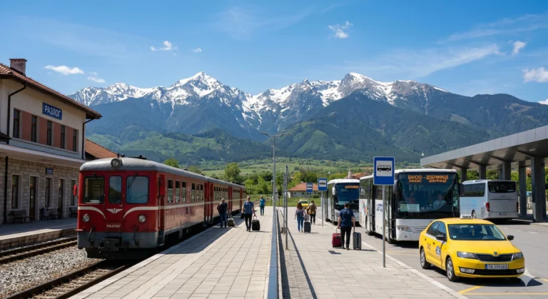 An image of the joint railway and bus station in the town of Razlog, showing the narrow gauge railway, buses to Bansko, and taxis, beneath the majestic, snow-capped peaks of the Pirin Mountains on a sunny day.