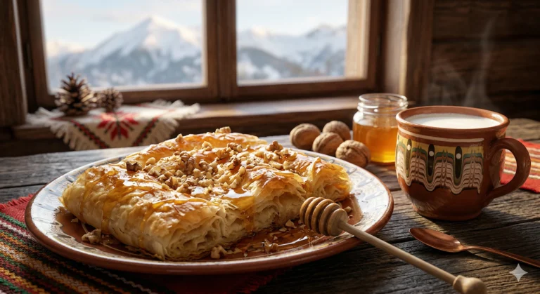 A delicious plate of sweet banitsa with honey and walnuts on a wooden table in front of a window with a view of the snow-capped Pirin Mountains. Next to it is a traditional Trojan ceramic cup of milk.