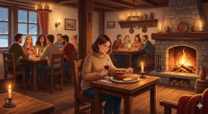 Илюстрация на уютна планинска механа. На преден план жена с дебел пуловер седи сама на дървена маса и се наслаждава на чаша червено вино и гювече с хляб. На заден план се вижда горяща каменна камина, а на друга маса празнува група приятели. Прозорците разкриват снежна нощ.