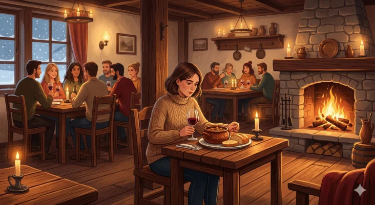 Илюстрация на уютна планинска механа. На преден план жена с дебел пуловер седи сама на дървена маса и се наслаждава на чаша червено вино и гювече с хляб. На заден план се вижда горяща каменна камина, а на друга маса празнува група приятели. Прозорците разкриват снежна нощ.