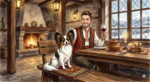 A cozy watercolor illustration of a man in traditional Bulgarian folk costume, dining with a bowtie dog in a rustic tavern near Bansko in winter. He toasts with a glass of wine next to a blazing fireplace in front of a snow-capped mountain.