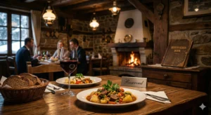 Уютна дървена маса в традиционен ресторант с каменна камина, на която е поднесена чиния с телешка яхния с картофи, чаша червено вино и кошница с хляб. На преден план има сребърна табелка с надпис "Reserved", а на заден план се виждат размазани клиенти и стара книга за резервации.