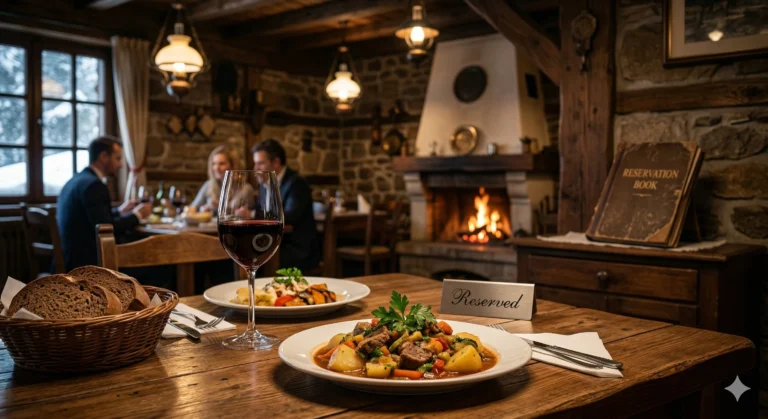 Уютна дървена маса в традиционен ресторант с каменна камина, на която е поднесена чиния с телешка яхния с картофи, чаша червено вино и кошница с хляб. На преден план има сребърна табелка с надпис "Reserved", а на заден план се виждат размазани клиенти и стара книга за резервации.