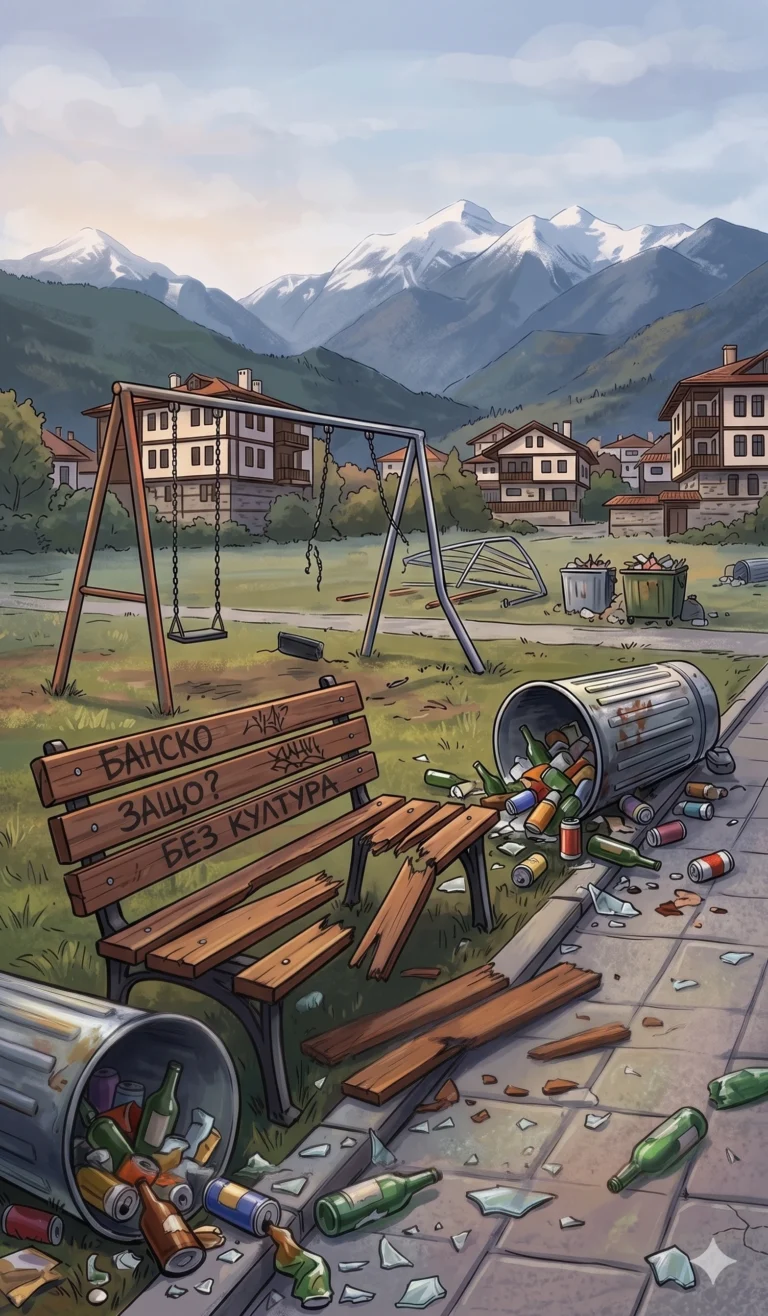 Иллюстрация в реалистичном стиле, изображающая разграбленный парк в Банско. На переднем плане — опрокинутые мусорные баки с разбросанным мусором, разбитые бутылки на тротуаре и разрушенная деревянная скамейка. На скамейке — граффити на кириллице: „БАНСКО“, „ПОЧЕМУ?“, „БЕЗ КУЛЬТУРЫ“. На заднем плане — дома и заснеженные Пиринские горы.