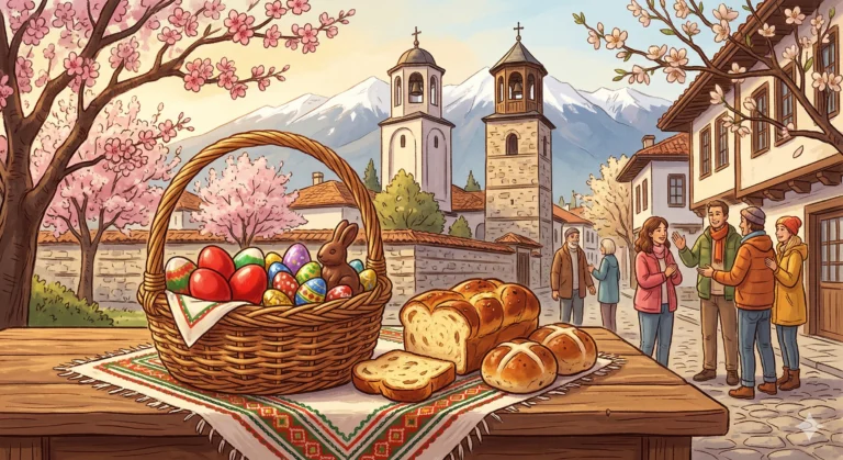 Illustration of an Easter table in Bansko with a basket full of painted red and colorful eggs, a chocolate bunny and a kozunak, against the backdrop of the clock tower and the snow-capped Pirin Mountains.