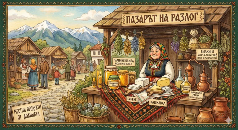 Детайлна фолклорна илюстрация на традиционния пазар в Разлог с усмихната продавачка в носия, предлагаща местни продукти като планински мед, сирене, кашкавал, билки, мурсалски чай и домашна ракия, на фона на планини.