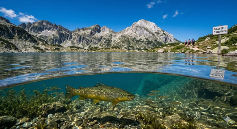 A unique shot that splits the view above and below the surface of a clear mountain lake in Pirin. A large Balkan trout swims underwater over a rocky bottom. Jagged granite peaks rise above the water, and three backpackers walk along a trail past a signpost under a blue sky.