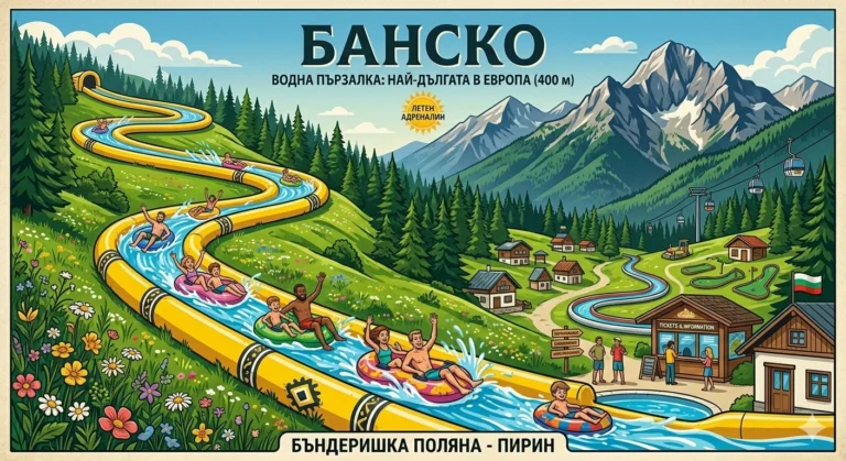 Панорамна снимка на водна пързалка Бъндеришка поляна в Банско, България. Виждат се хора, спускащи се по синьо-бялата пързалка с дължина 250 м. На заден план има алпийска хижа, кабинков лифт и величествената планина Пирин под ясно синьо небе.
