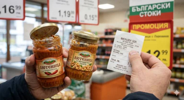 Близък план на ръце, държащи два буркана с лютеница (един с леко повдигнат капак) и касова бележка в супермаркет в Разлог за рекламация на развалена стока.