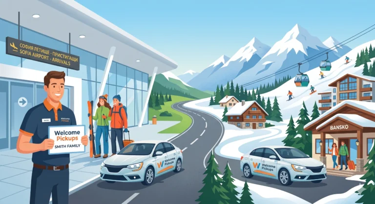 Илюстрация на трансферна услуга "Welcome Pickups" между летище София (вляво) и Банско (вдясно). Шофьор посреща семейство туристи на летището с персонален надпис, докато друга брандирана кола пристига в заснежения планински курорт с хотели и лифт.