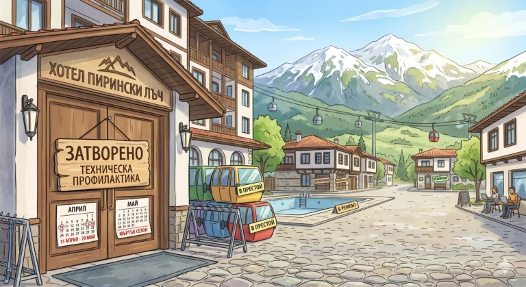 Илюстрация на вход на затворен хотел „Пирински Лъч“ в Пирин планина с табели „ЗАТВОРЕНО“ и „ТЕХНИЧЕСКА ПРОФИЛАКТИКА“, календари за април и май, разглобени лифт кабинки и двама души с лаптопи на заден план.