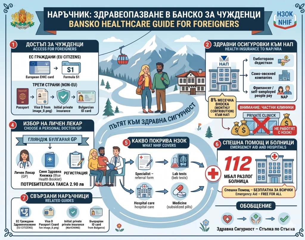 Изчерпателна инфографика на английски език, озаглавена "BANSKO HEALTHCARE GUIDE FOR FOREIGNERS" (Здравен наръчник за чужденци в Банско). Изображението е организирано в седем основни секции, илюстриращи стъпките за достъп до здравеопазване. Тя включва информация за достъп за граждани на ЕС и извън ЕС, плащане на здравни осигуровки към НАП, избор на личен лекар, покритие от НЗОК (специалисти, изследвания, болнично лечение, лекарства), спешна помощ и телефонни номера (включително МБАЛ Разлог). Инфографиката визуализира пътя към здравна сигурност стъпка по стъпка на фона на планински пейзаж от Банско.