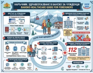 Изчерпателна инфографика на английски език, озаглавена "BANSKO HEALTHCARE GUIDE FOR FOREIGNERS" (Здравен наръчник за чужденци в Банско). Изображението е организирано в седем основни секции, илюстриращи стъпките за достъп до здравеопазване. Тя включва информация за достъп за граждани на ЕС и извън ЕС, плащане на здравни осигуровки към НАП, избор на личен лекар, покритие от НЗОК (специалисти, изследвания, болнично лечение, лекарства), спешна помощ и телефонни номера (включително МБАЛ Разлог). Инфографиката визуализира пътя към здравна сигурност стъпка по стъпка на фона на планински пейзаж от Банско.