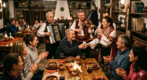 A photo of a traditional Bulgarian folk band in folk costumes playing the accordion and violin and singing in a tavern. Guests at a solid wood table, set with ceramic dishes and wine, are having fun and clapping. An elderly man gives a banknote to the singer in a cozy, authentic setting with stone walls.