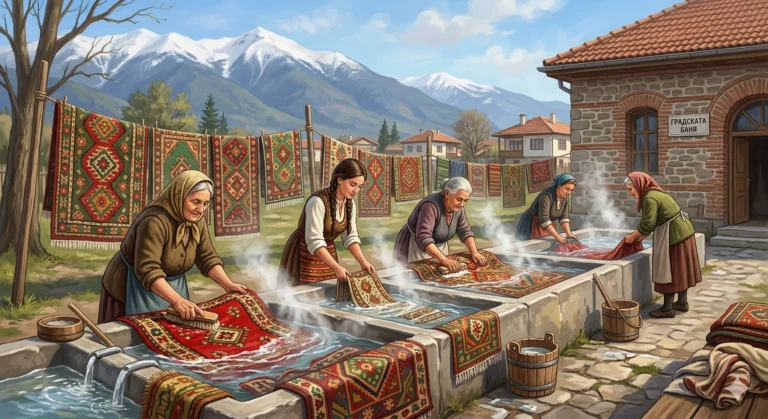 Local women in traditional costumes wash carpets in open stone troughs of hot mineral water in Dobrinishte, with the Pirin Mountains in the background.