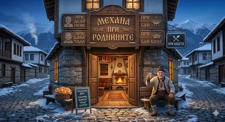 Illustration of the facade of a traditional Bulgarian tavern "Pri Roduzdite" in a snowy mountain village at night. An elderly man in folk costume sits on a bench in front and raises a toast with a glass of rakia. Next to him is a large paner with fresh bread. The building is made of stone and wood, brightly lit from the inside, with numerous wooden signs with Cyrillic inscriptions (Pri Dedo Pene, Pri Baba Chala, Pri Bai Kotse) and a menu with kapama and chomlek. In the background, snow-capped mountain peaks are visible under a starry sky.