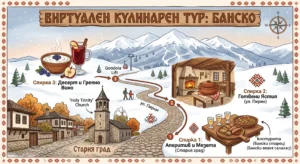 Илюстрована карта за виртуален кулинарен тур в Банско, България, показваща три кулинарни спирки в Стария град и по ул. Пирин, срещу фон от планини, традиционна архитектура и църква.