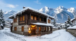 Traditional guest house in Bansko with wooden and stone architecture in winter against the backdrop of Pirin Mountain