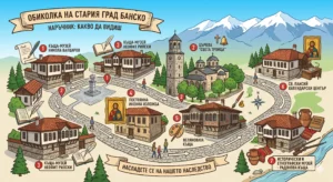 Илюстрирана туристическа карта под формата на иконографика за "Обиколка на Стария град Банско" с подзаглавие "Наръчник: Какво да видиш". Картата показва Пирин планина на заден план и номериран маршрут през основните културни забележителности като Къща-музей Никола Вапцаров, Църквата Света Троица, Къща-музей Неофит Рилски и други исторически сгради