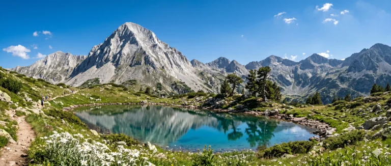 The majestic Vihren Peak and a glacial lake in Pirin Mountain in summer
