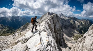 Traverse of the Koncheto cliff edge in Pirin Mountain