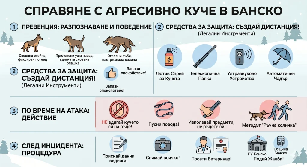 Инфографика в четири стъпки за справяне с агресивно куче в Банско: 1. Превенция чрез разпознаване на знаци за агресия (фиксиран поглед, прилепени уши, оголени зъби). 2. Средства за защита за създаване на дистанция (лютив спрей, телескопична палка, ултразвуково устройство, автоматичен чадър). 3. Действия по време на атака (пусни повода, използвай предмети, метод "Ръчна количка", забранено вдигане на ръце). 4. Процедура след инцидент (искай данни, снимай всичко, посети ветеринар, подай жалба в полиция и община).
