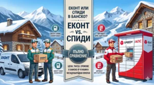 Сравнителна илюстрация за куриерски услуги в Банско. На заден план има зимна планина и къщи. Централен надпис „Еконт или Спиди в Банско? Пълно сравнение на цени, такси и срокове за България и чужбина“. Отляво са микробус и служители на Еконт, отдясно – служител на Спиди пред автомат за пратки с лога Speedy, АПС и DPD.
