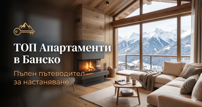 Луксозен апартамент в Банско с горяща камина и панорамна гледка към заснежените върхове на Пирин планина