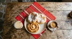 Traditional Bulgarian breakfast in Bansko with banichka, mekitsi and boza