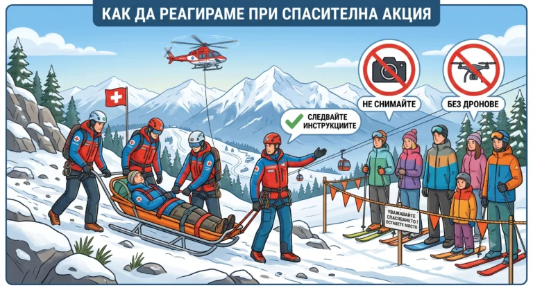 An informational illustration for mountain safety, showing an active rescue operation with a helicopter and a team of rescuers transporting a victim on a sled down a snowy slope, with instructions for bystander behavior.