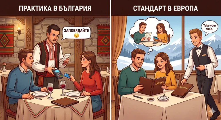 A pair of digital illustrations showing the contrast in service when paying a bill at a restaurant. The left side, titled „PRACTICE IN BULGARIA,“ shows an impatient waiter in traditional costume in a tavern, holding out a POS terminal to a pair of customers as soon as the bill is requested. The waiter says „ORDER“ 😟, and the customers look flustered. The right side, titled „STANDARD IN EUROPE,“ shows the same pair in an elegant restaurant with a mountain view. A polite waiter in classic attire walks away, leaving the bill in a leather folder on the table and saying „Take your time.“ as the customers calmly check the bill.