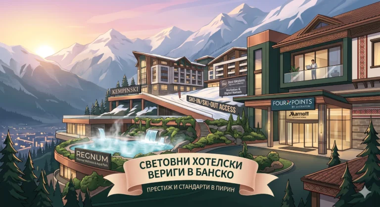 A stylized illustration of a mountain resort in Bansko, showing the Regnum, Kempinski, Best Western and Four Points by Sheraton hotels against the backdrop of the Pirin Mountains at sunrise.