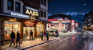 A brightly lit 24-hour Aldo supermarket and a Lukoil gas station on a snowy cobblestone street in Bansko at night with people and skiers.